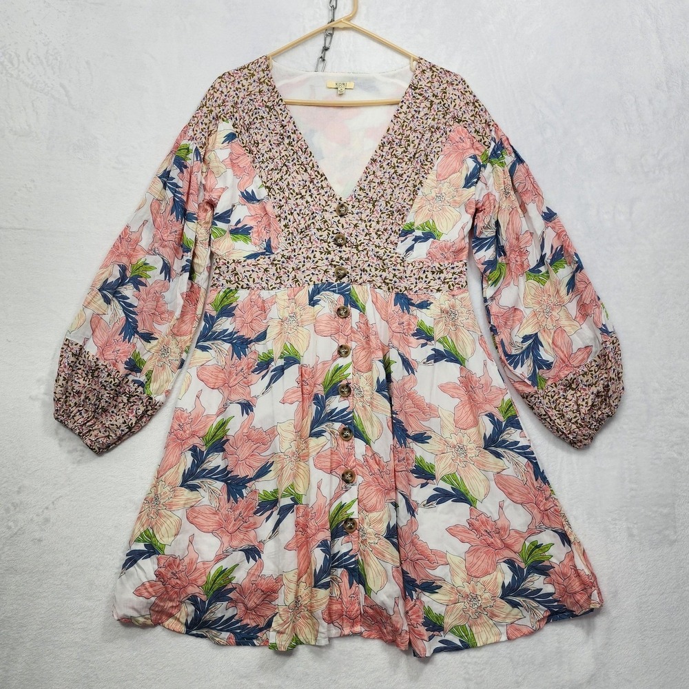 Kori America Dress Women M Multicolor Floral Boho Empire Waist Button Front Mini